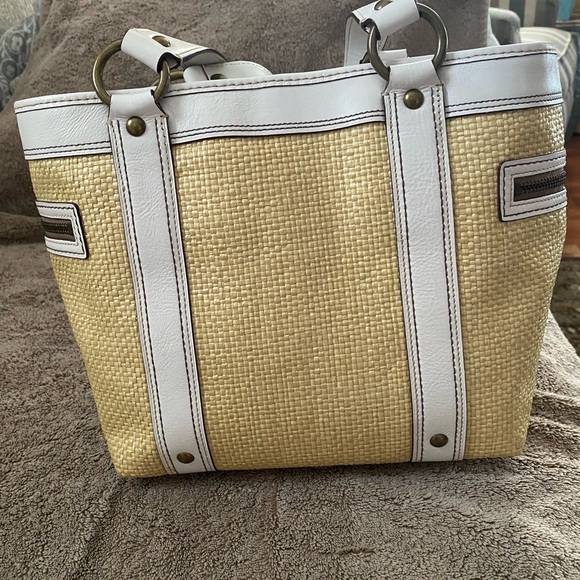 Coach Legacy White Leather Natural Tan Brown Woven Straw Rattan Raffia Handbag - Picture 10 of 16